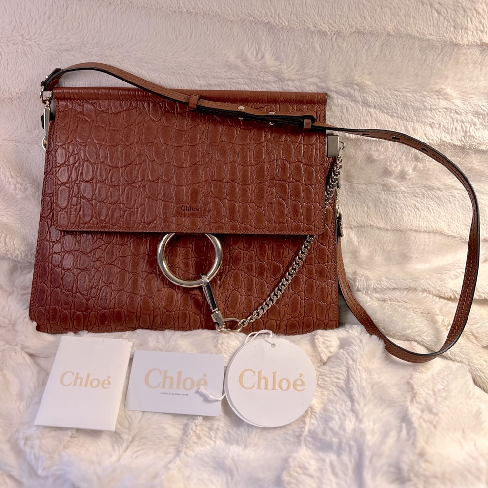 Chloé Brown Croc-Embossed Leather Shoulder Bag with Silver Ring